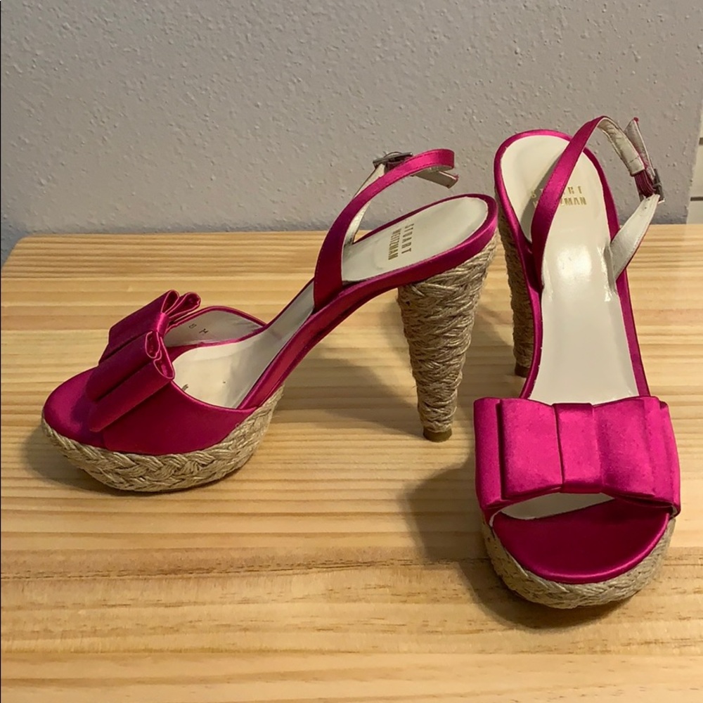 Stuart Weitzman fuchsia satin Bow sling backs